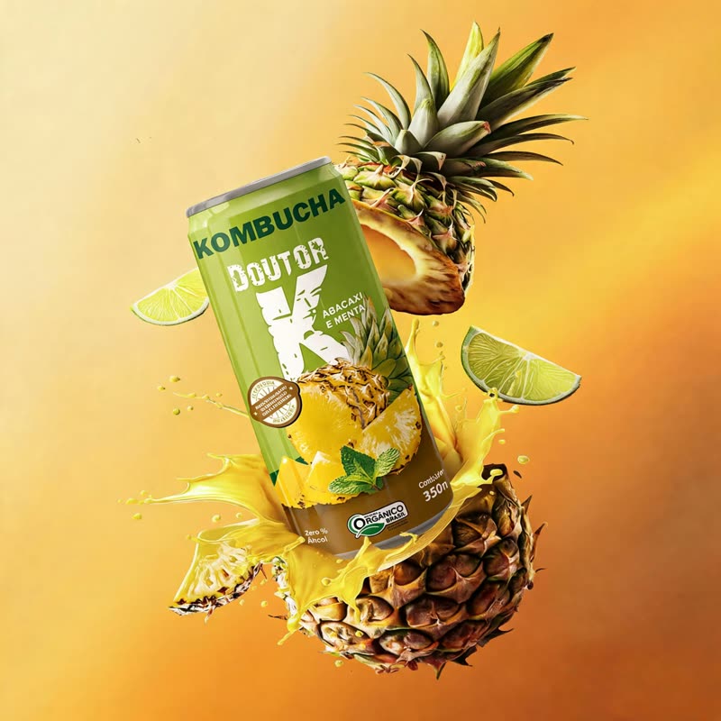 Lata de Kombucha Doutor K sabor abacaxi e menta flutuando entre abacaxis, limões e respingos amarelos