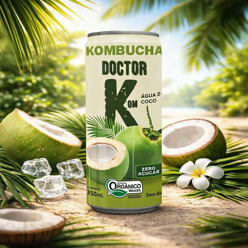 Lata de Kombucha Doutor K sabor água de coco numa praia, com cocos abertos e gelo
