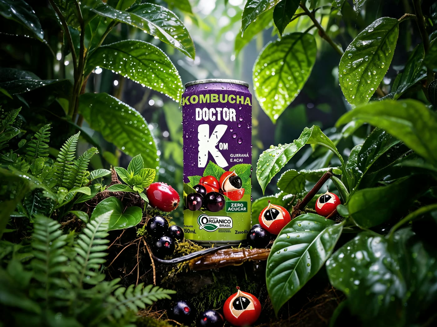 Lata de Kombucha Doutor K de guaraná e açaí no meio de uma floresta úmida