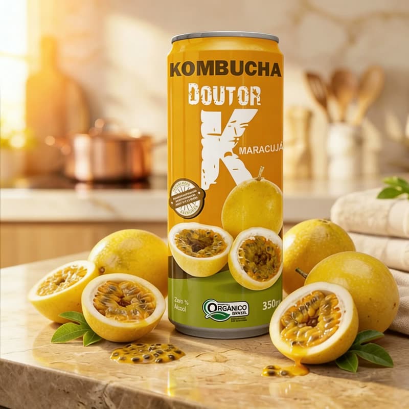 Lata de Kombucha Doutor K sabor maracujá sobre uma bancada de mármore, cercada de maracujás abertos