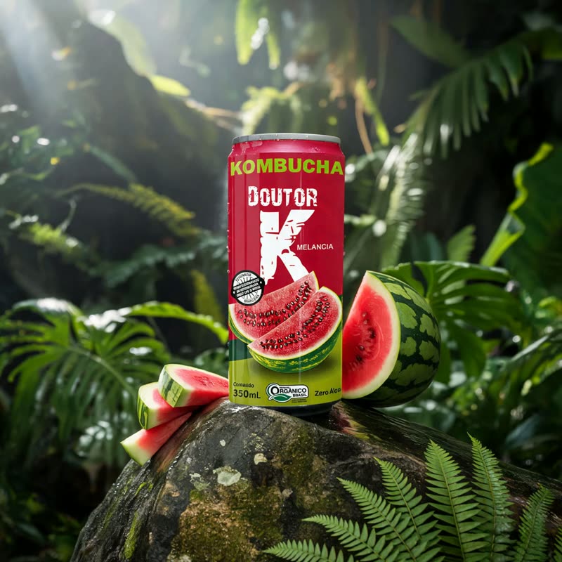 Lata de Kombucha Doutor K sabor melancia sobre uma pedra na floresta, com fatias de melancia